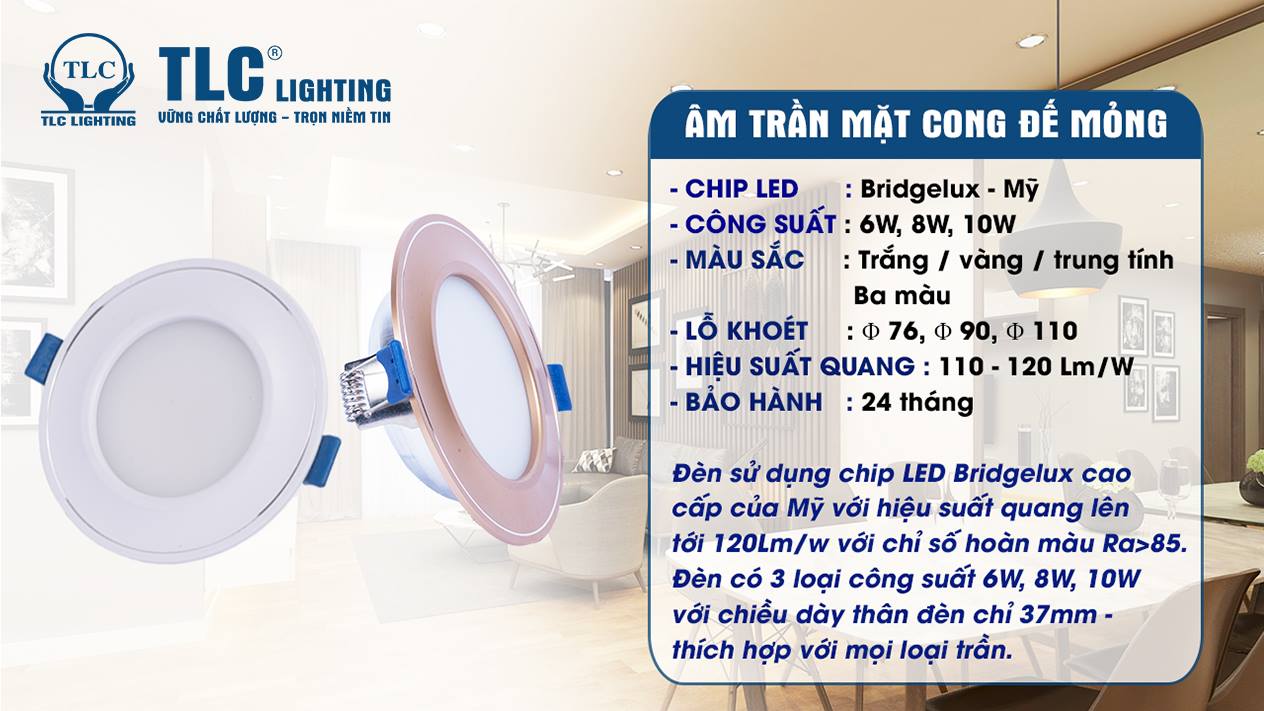 Đèn led âm trần mặt cong đế mỏng sử dụng chip led Bridgelux Đèn led âm trần mặt cong đế mỏng sử dụng chip led Bridgelux