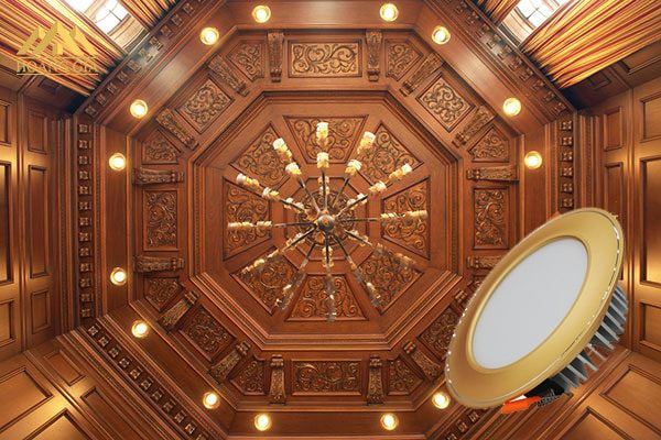 Trần gỗ lắp đèn led âm trần mặt cong màu vàng đồng Trần gỗ lắp đèn led âm trần mặt cong màu vàng đồng