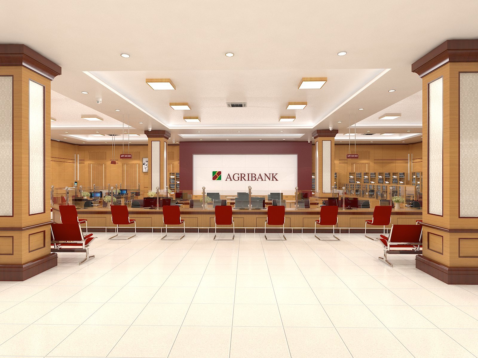 Ngân hàng Agribank sang trọng hiện đại hơn với sự kết hợp giữa đèn led Panel ốp trần và đèn led âm trần