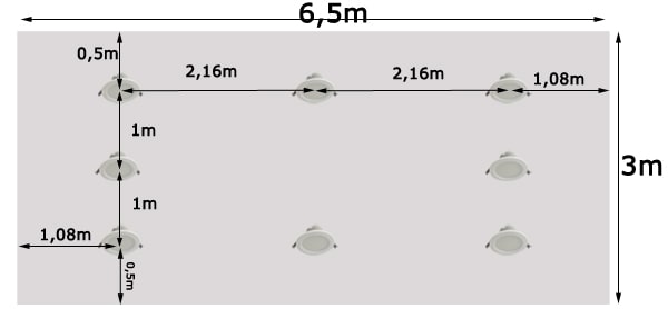 Khoảng cách bố trí đèn led âm trần cho phòng 20m2, dùng bóng công suất 97w
