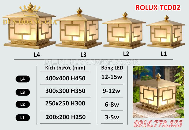 Bảng kích thước thông số đèn trụ cổng tường rào ROLUX-TCD02