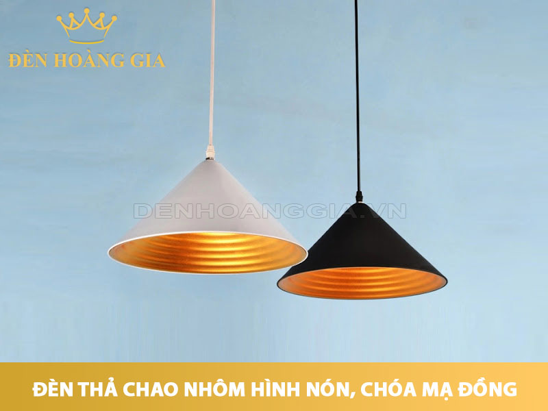 Đèn thả chao nhôm hình nón, chóa mạ đồng