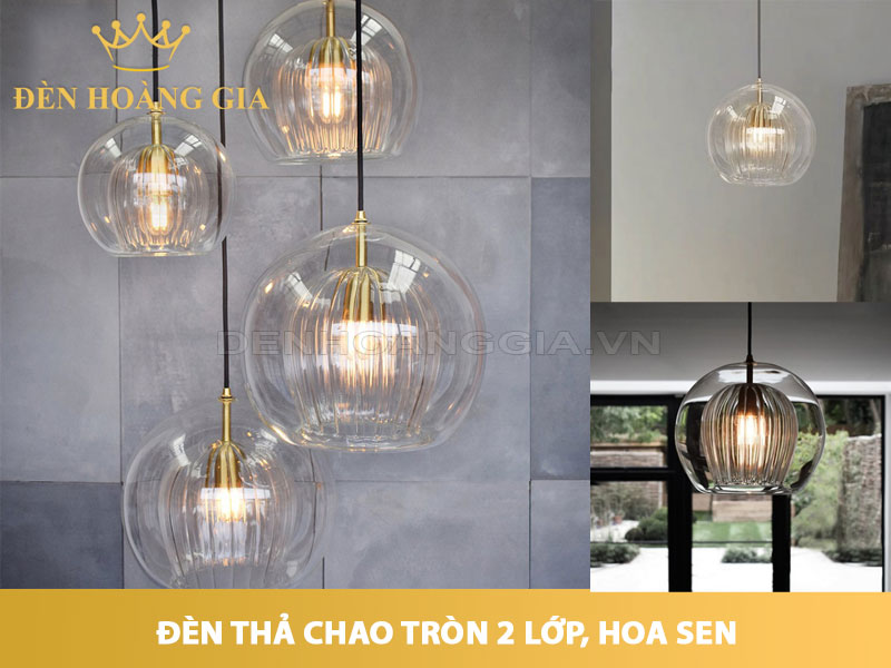 Đèn thả chao tròn thủy tinh 2 lớp hoa sen