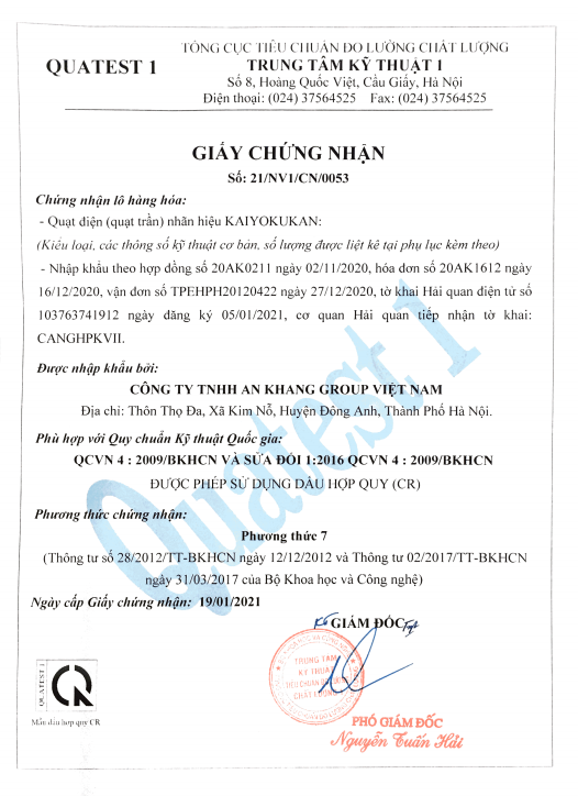 Hợp quy quạt trần đèn Kaiyo