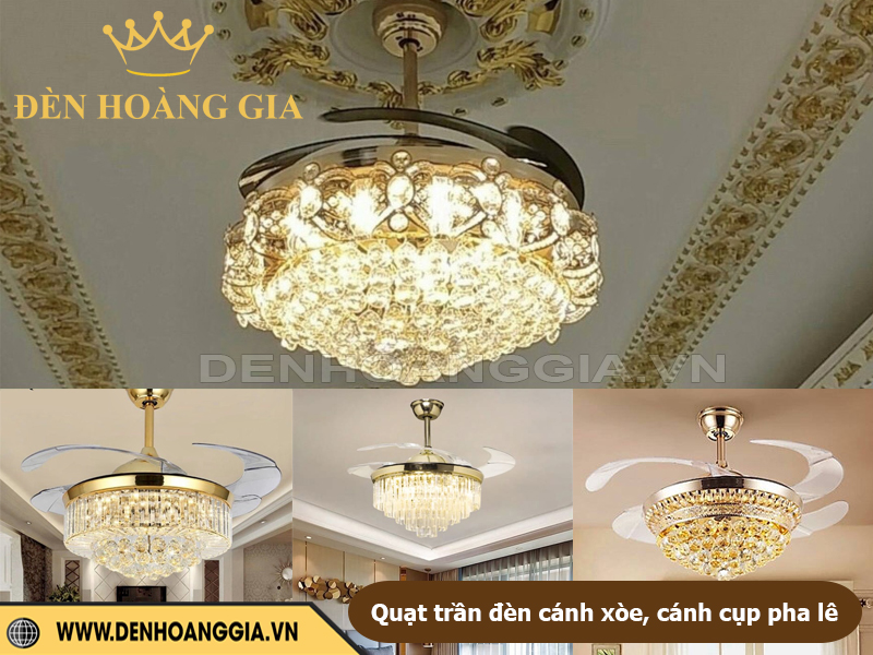 Quạt trần đèn cánh cụp cánh xòe pha lê