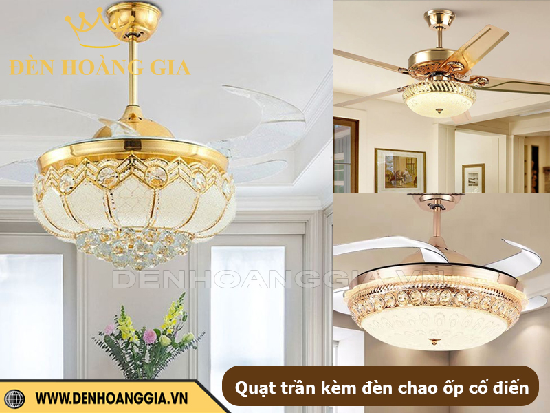Quạt trần kèm đèn chao ốp cổ điển
