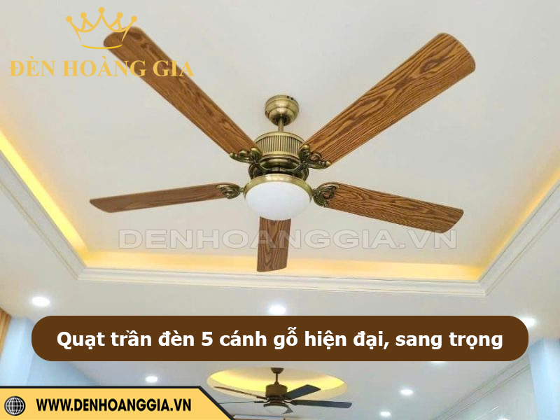 Quạt trần đèn 5 cánh gỗ hiện đại, sang trọng