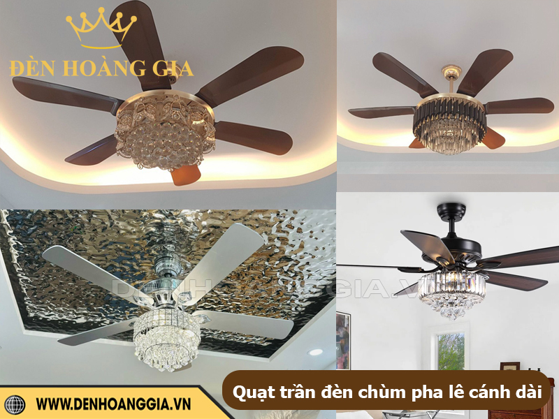 Quạt trần đèn chùm pha lê cánh dài