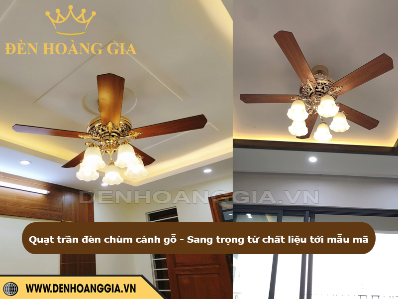 Quạt trần đèn chùm cánh gỗ điểm nhấn nội thất sang trọng, đẳng cấp