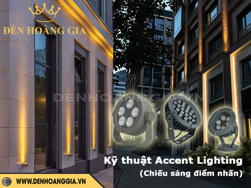 Đèn chiếu điểm spotlight chiếu sáng điểm nhấn trên mặt tiền tòa nhà