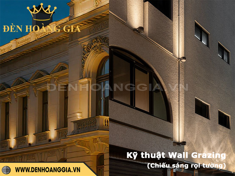 Kỹ thuật chiếu sáng Wall Grazing bố tí đèn sát tường để tạo bóng đổ và làm nổi bật chi tiết kiến trúc