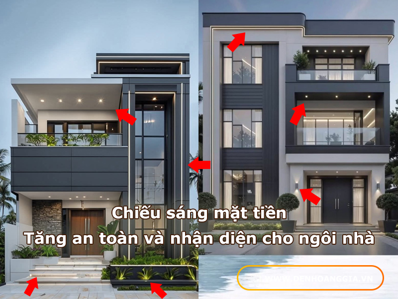 Chiếu sáng mặt tiền giúp tăng tính an toàn và nhận diện cho ngôi nhà
