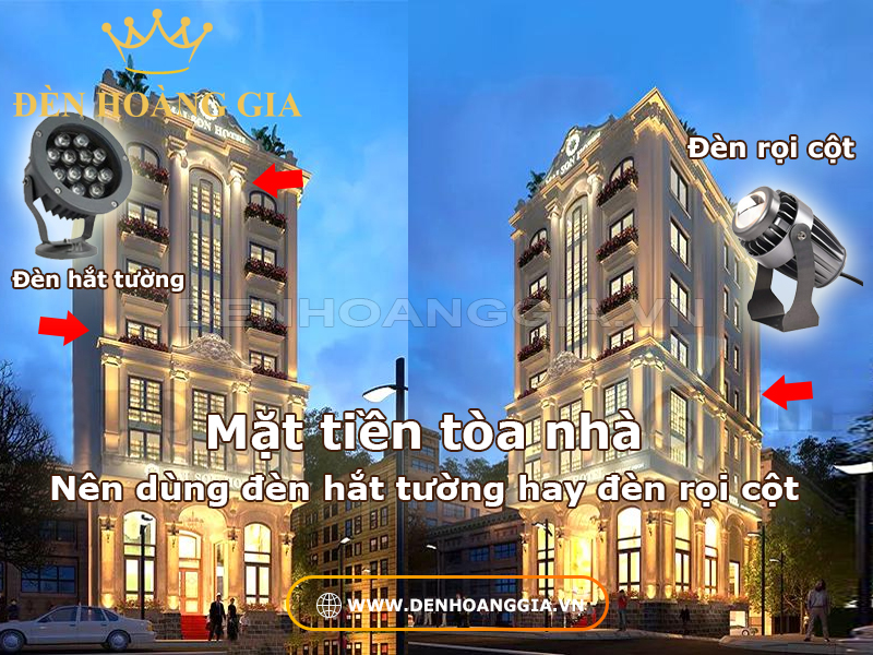 Nên dùng đèn hắt tường hay đèn rọi cột cho mặt tiền tòa nhà?