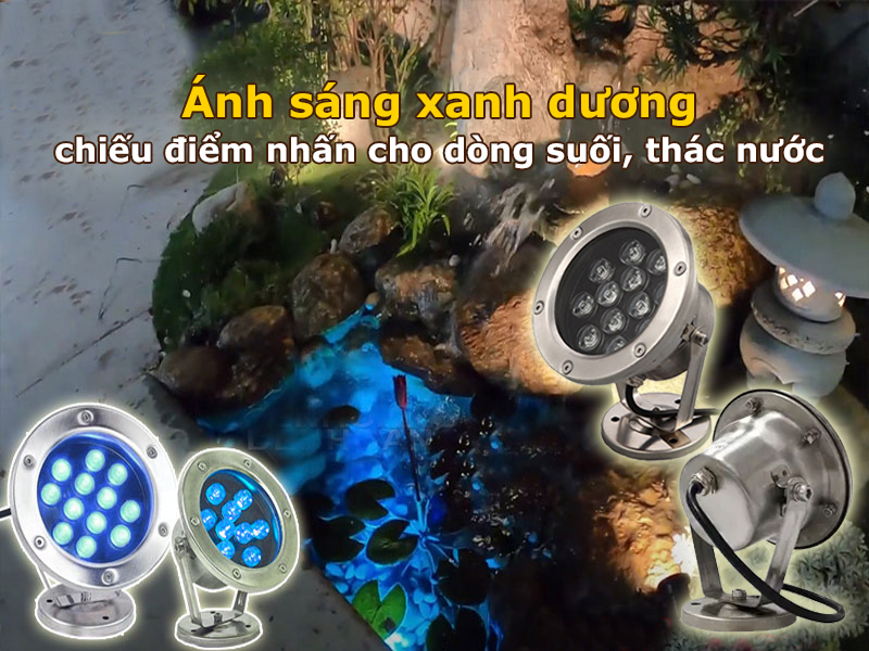 Ánh sáng xanh dương chiếu điểm nhấn dòng suối và thác nước