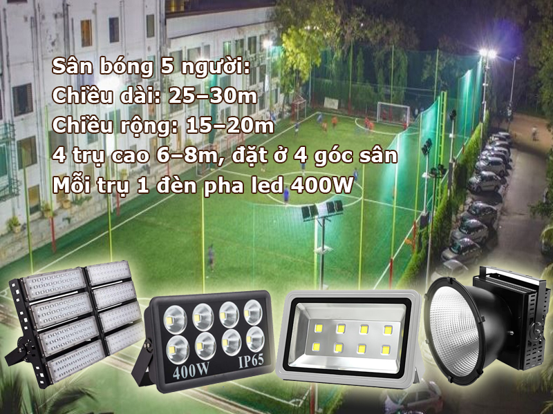 Cách bố trí đèn pha LED 400W cho sân bóng 5 người