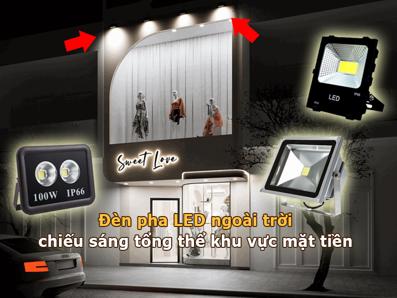 Đèn pha led chiếu sáng mặt tiền showroom
