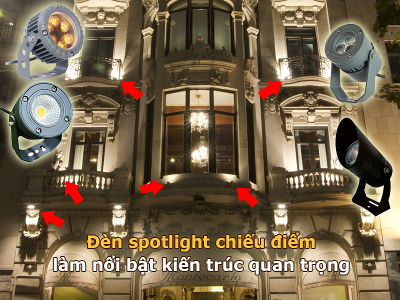 Đèn led spotlight chiếu điểm giúp làm nổi bật những chi tiết kiến trúc quan trọng