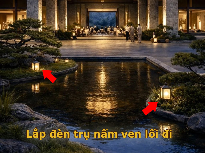 Lắp đèn trụ nấm ven lối đi hồ cá Koi