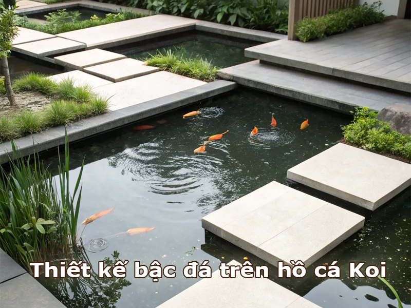 Thiết kế bậc đá trên hồ cá Koi
