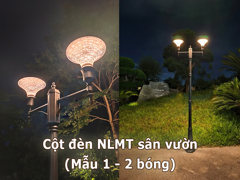 Cột đèn sân vườn NLMT mẫu 1 (2 bóng)