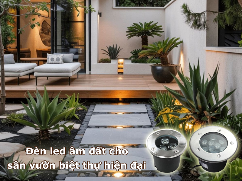 Đèn led âm đất lắp cho sân vườn biệt thự hiện đại