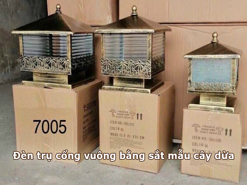 Đèn trụ cổng vuông bằng sắt cây dừa