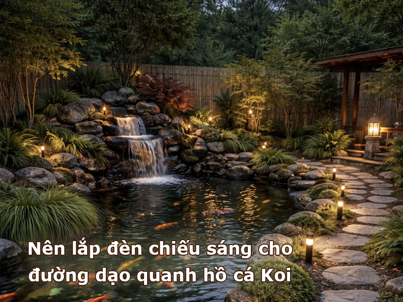 Nên lắp đèn chiếu sáng cho đường dạo quanh hồ cá Koi