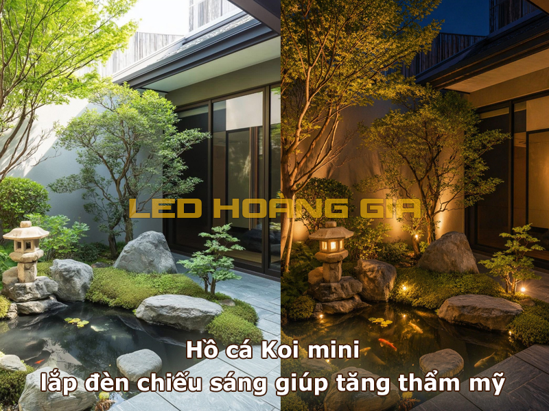Hồ cá Koi mini lắp đèn chiếu sáng giúp tăng tính thẩm mỹ
