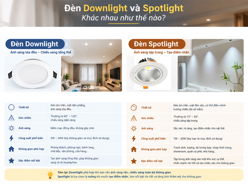 Đèn Downlight và Spotlight khác nhau như thế nào?