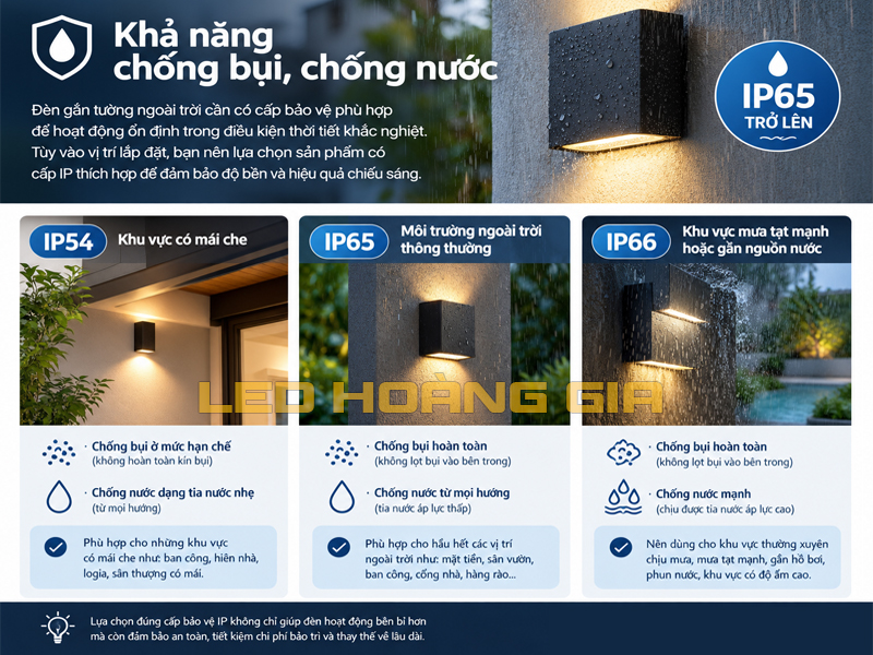 Đèn gắn tường ngoài trời cần có IP phù hợp