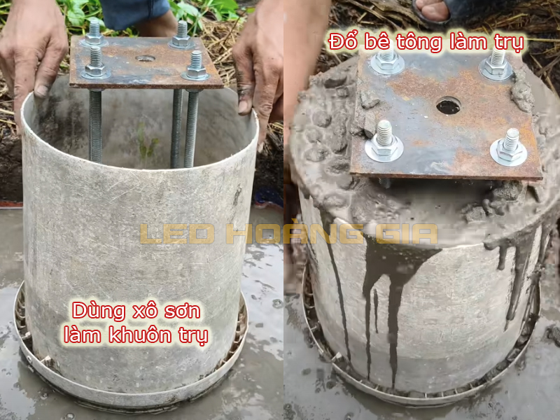 Dùng xô sơn đổ trụ cột đèn