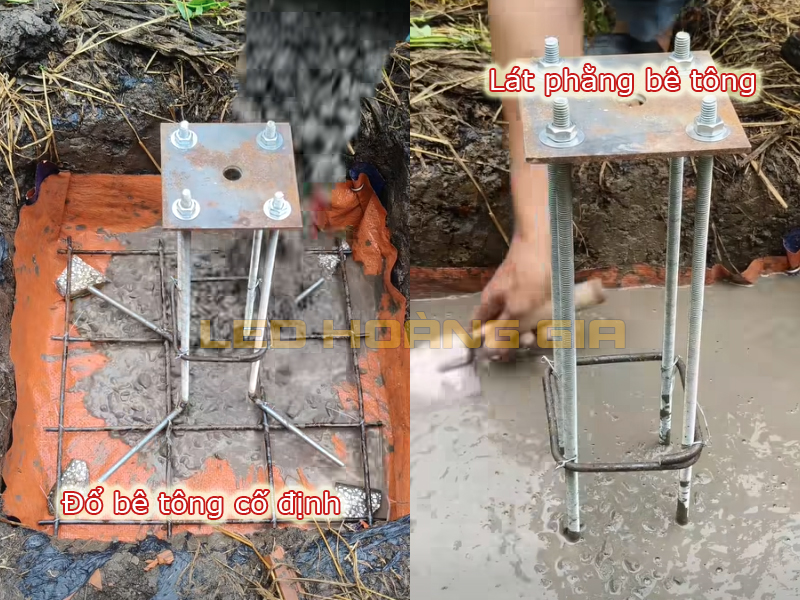 Đổ bê tông cố định móng trụ
