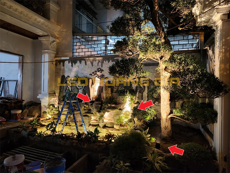 Chiếu tiểu cảnh trước nhà với đèn led spotlight chiếu cây